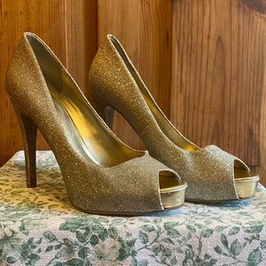 Guess Sparkly Gold Open Toe Platform High Heels